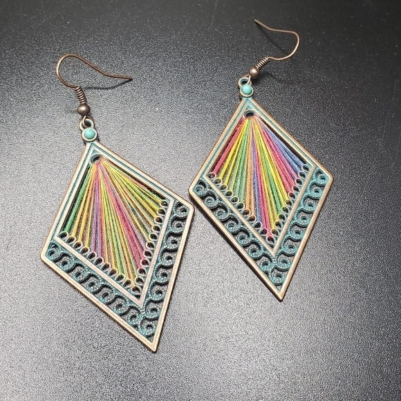 BRONZE diamond shape handmade colorful turquoise earrings - Picture 5 of 5